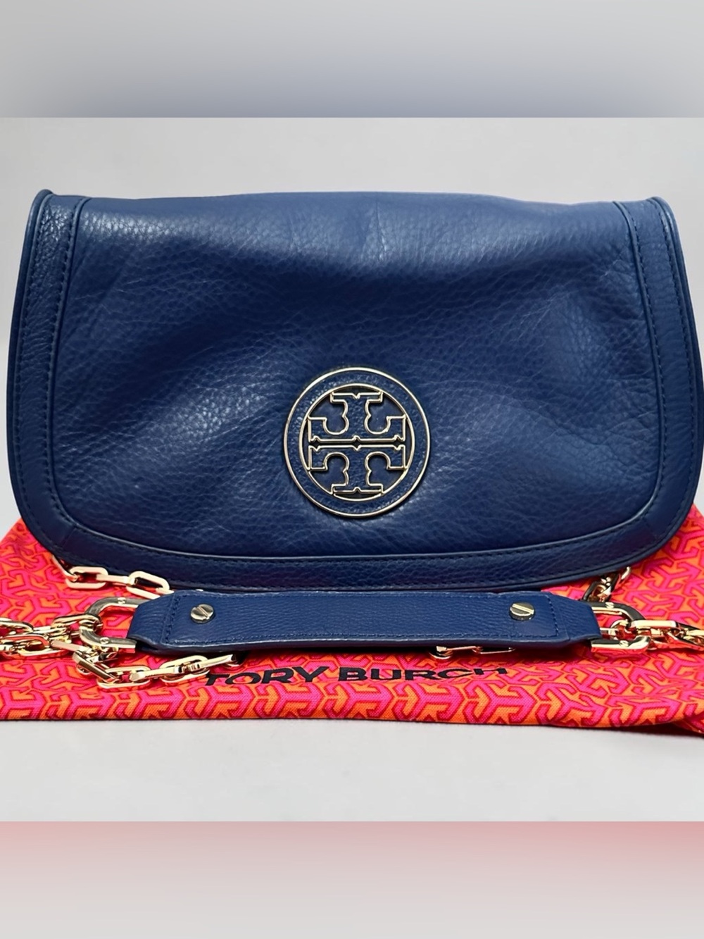 Tory Burch Navy Leather Shoulder Bag with Gold Logo